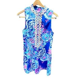 Lilly Pulitzer Jane Deep Indigo Gypsea Girl Gold Lace‎ Detail Easy Shift Dres 8